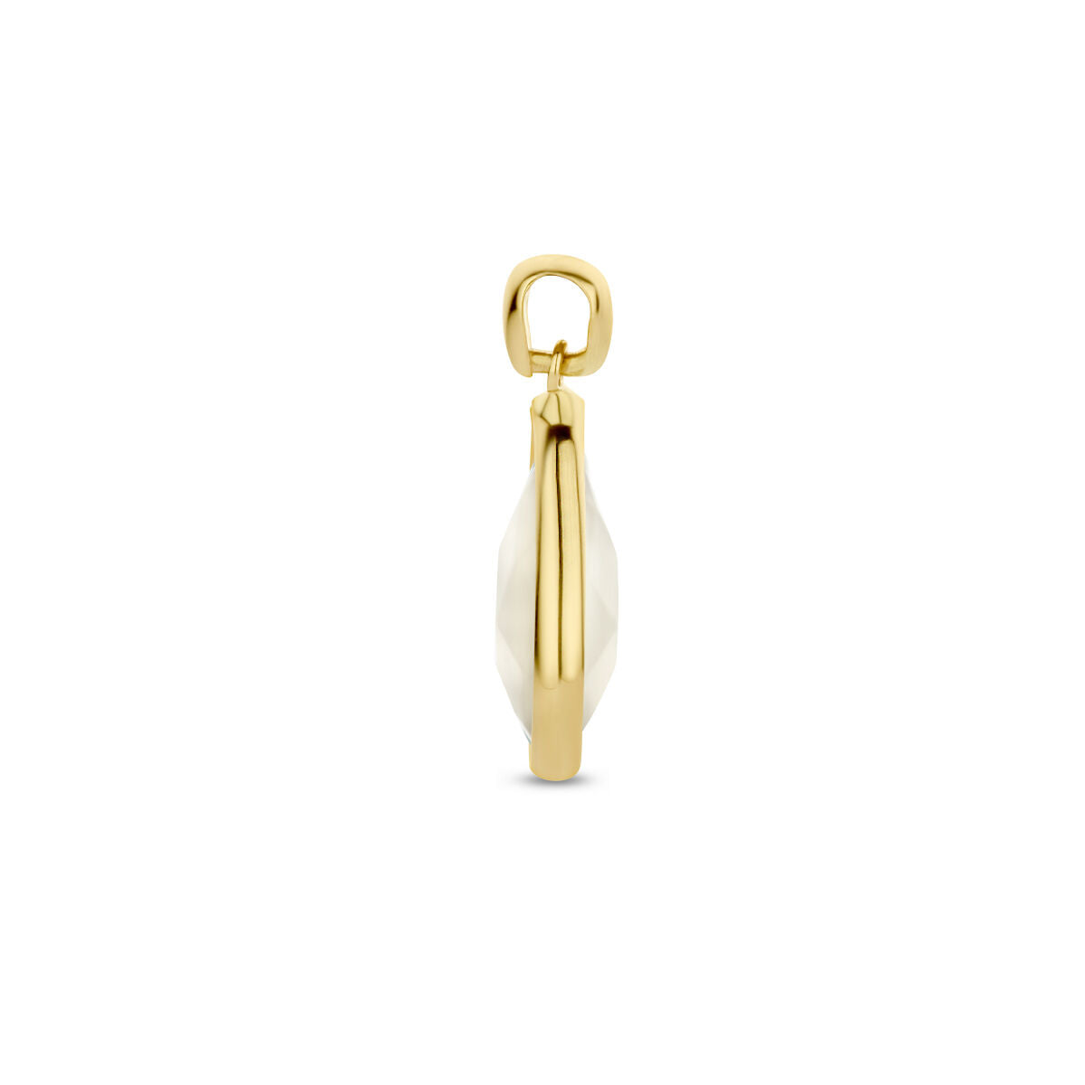 Een zijaanzicht van de Van der Kooij Collectie hanger parelmoer 14K geelgoud, met een glad, gebogen ontwerp met subtiele parelmoer accenten, gefotografeerd tegen een effen witte achtergrond.