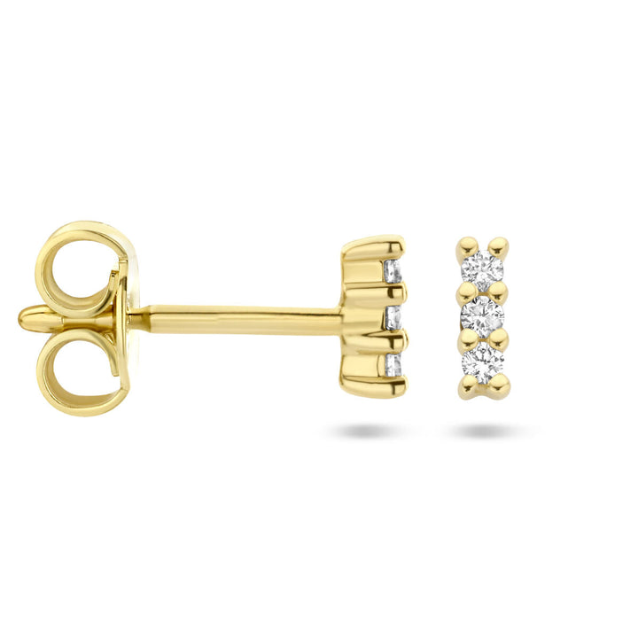 De Van der Kooij Collectie oorknoppen diamant 0,05ct (2x 0,025ct) h p1 in 14K geelgoud worden zowel vanuit voor- als zijaanzicht getoond op een witte achtergrond.