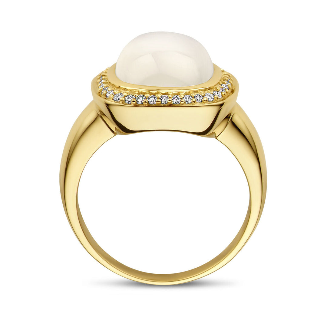 ring wit maansteen en diamant 0.20ct h si halo 14K geelgoud