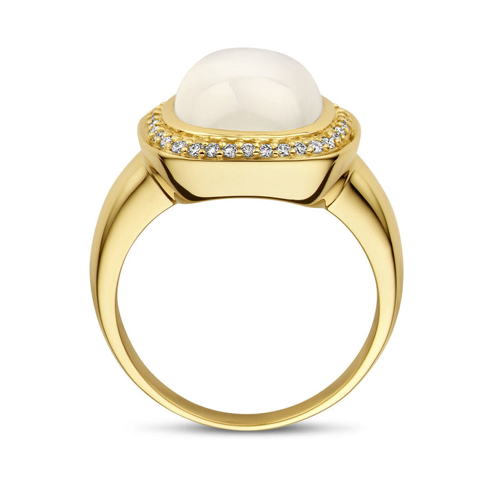 ring wit maansteen en diamant 0.20ct h si halo 14K geelgoud