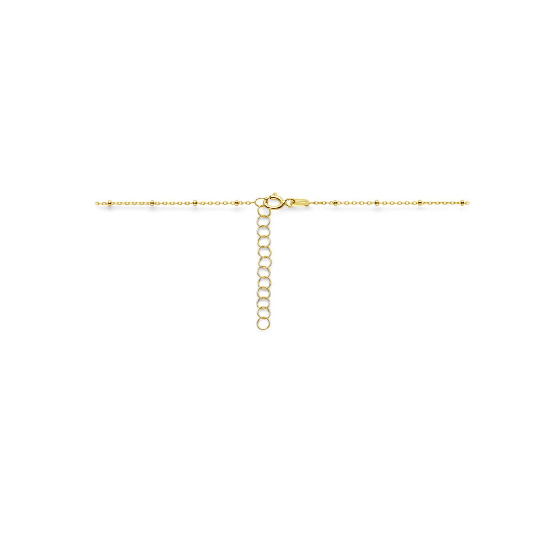 De Van der Kooij Collectie collier bolletjes 1,3 mm 41 + 3 cm in 14K geelgoud is een delicaat, tijdloos collier met verstelbare verlenging en een karabijnsluiting - perfect voor elke gelegenheid. Weergegeven op een witte achtergrond.