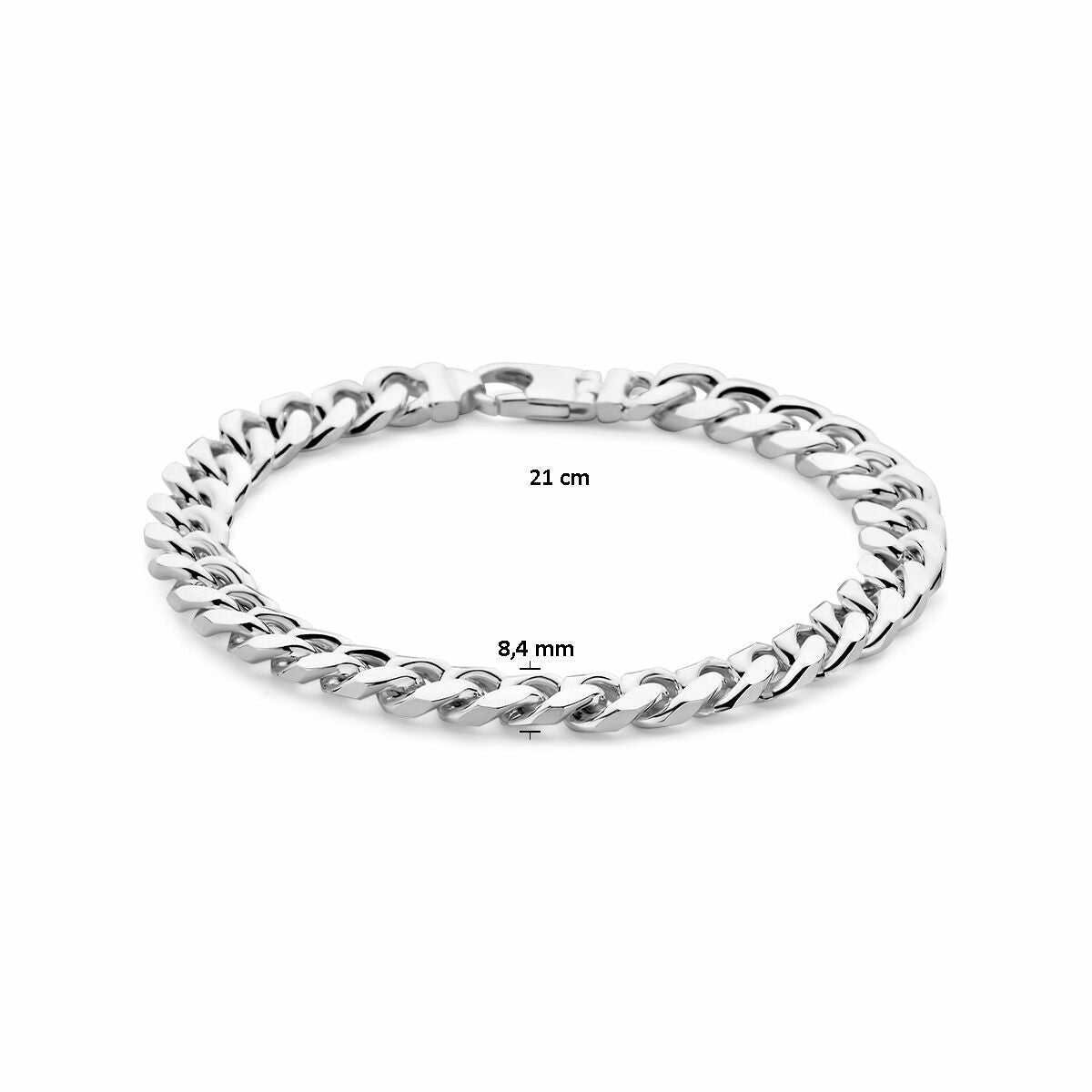 De Zilveren armband heren gourmette 8,4 mm van Van der Kooij Collectie is een Cubaanse armband van 21 cm, vervaardigd uit premium 925 zilver en 8,4 mm breed, getoond op een witte achtergrond.