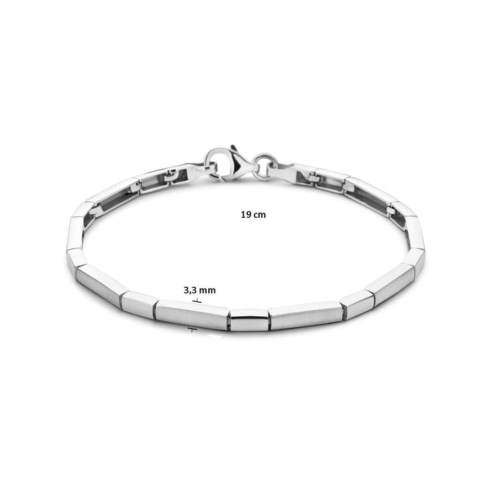 De Zilveren armband choker poli/mat gehodineerd van Van der Kooij Collectie is een rechthoekige schakelarmband, 19 cm lang en 3,3 mm breed, opvallend op een witte achtergrond.