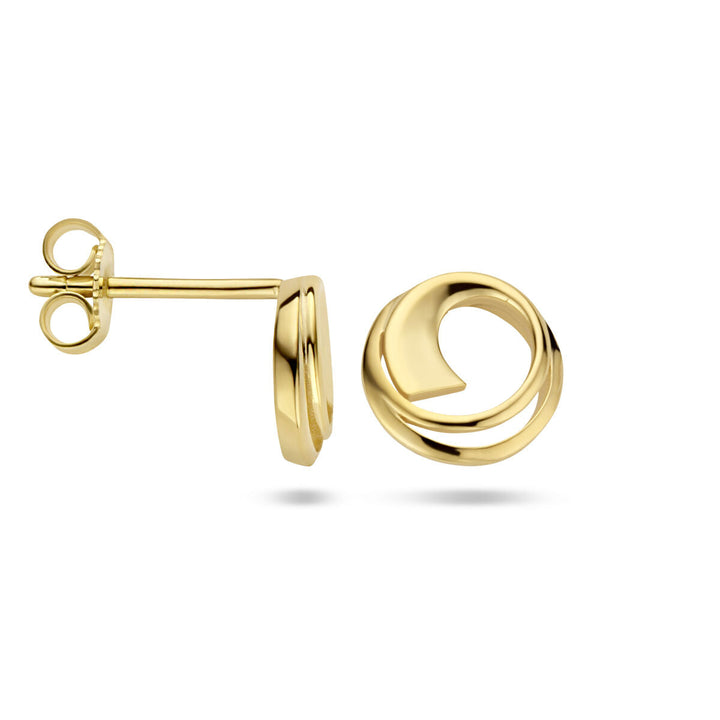Een paar oorknoppen rondje 14K geelgoud van Van der Kooij Collectie, afgebeeld op een witte achtergrond met de ene oorbel van voren gezien en de andere van opzij.