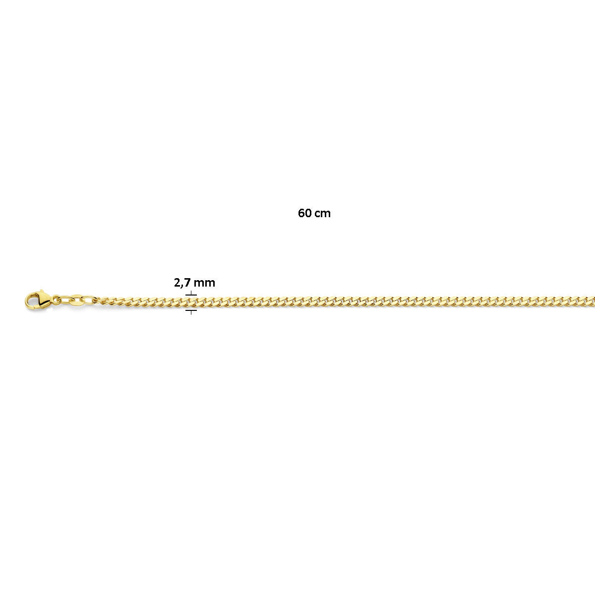 De Gouden ketting heren - gourmette 4-zijdes geslepen 2,7 mm massief 14K van Van der Kooij Collectie wordt getoond op een witte achtergrond, met de lengte (60 cm) en breedte (2,7 mm) naast en boven de ketting aangegeven.