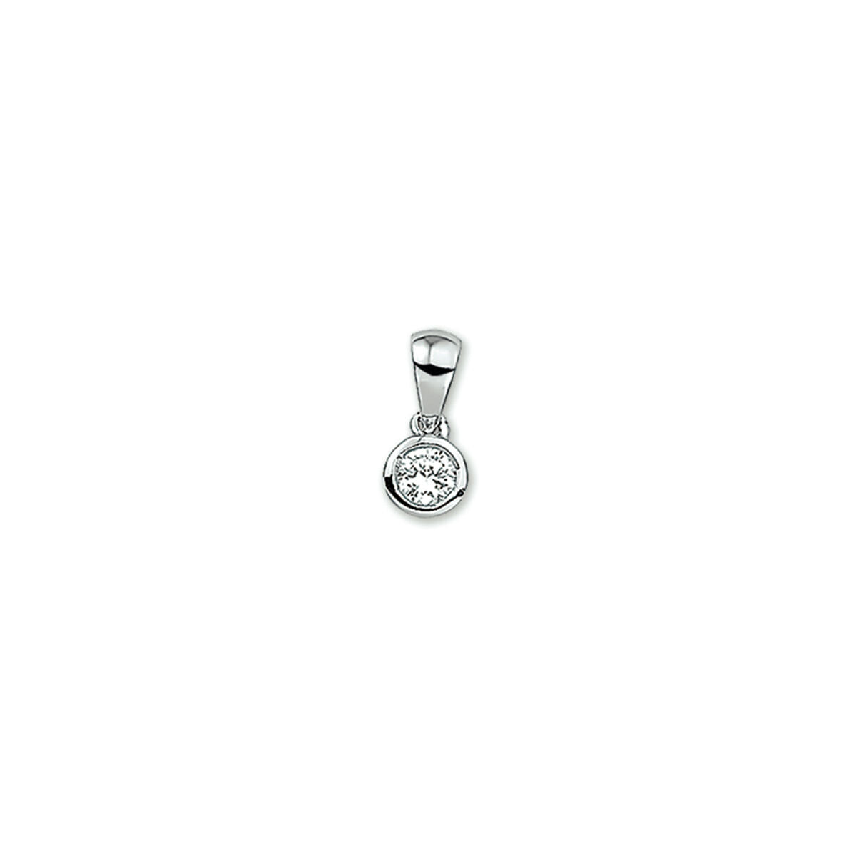 pendentif en argent rhodié avec zirconia, forme ronde et finition brillante.