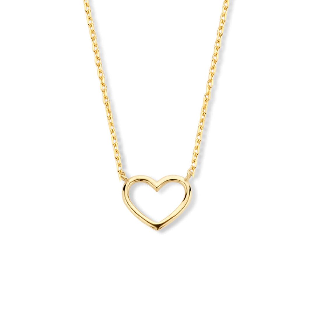 De Gouden dames ketting 14K van Van der Kooij Collectie heeft een delicaat open hartje, perfect als Valentijnsdag cadeau, afgebeeld op een effen witte achtergrond.