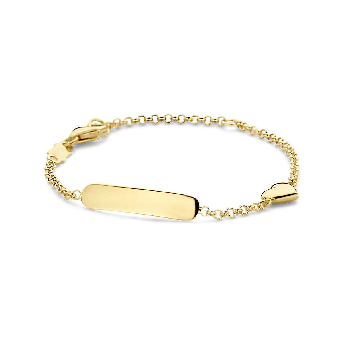 Bracelet en or 14K avec plaque rectangulaire et petit cœur.