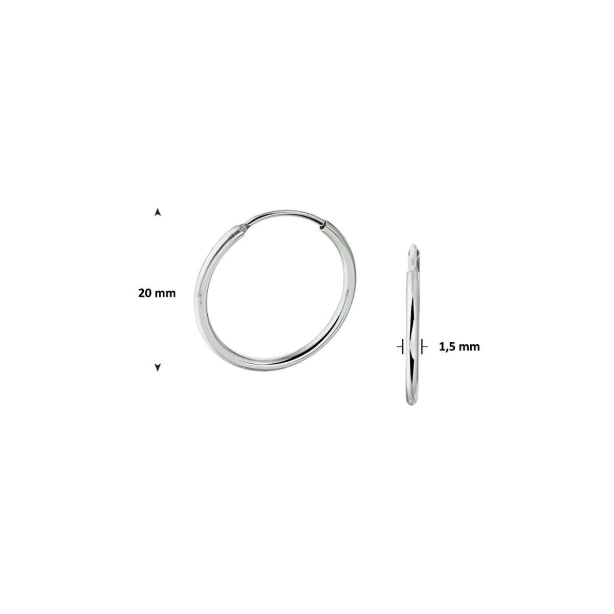De oorringen ronde buis zilver gerhodineerd van Van der Kooij Collectie zijn illustraties van voren en opzij. Ze hebben een diameter van 20 mm, zijn 1,5 mm dik en beschikken over een handige scharniersluiting.