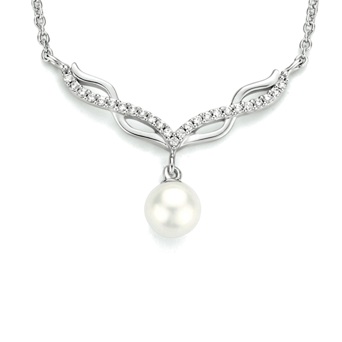 Collier en argent rhodié avec perle et zirkonia, longueur 42 + 3 cm.