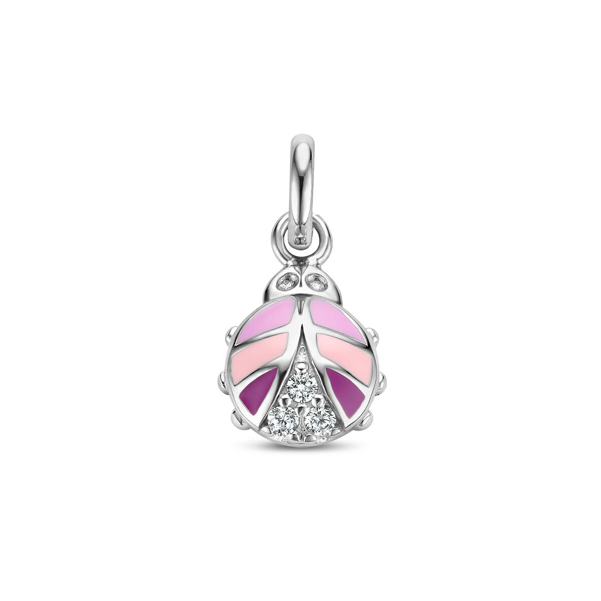 pendentif coccinelle en argent rhodié avec zirkonia et émail rose et violet.