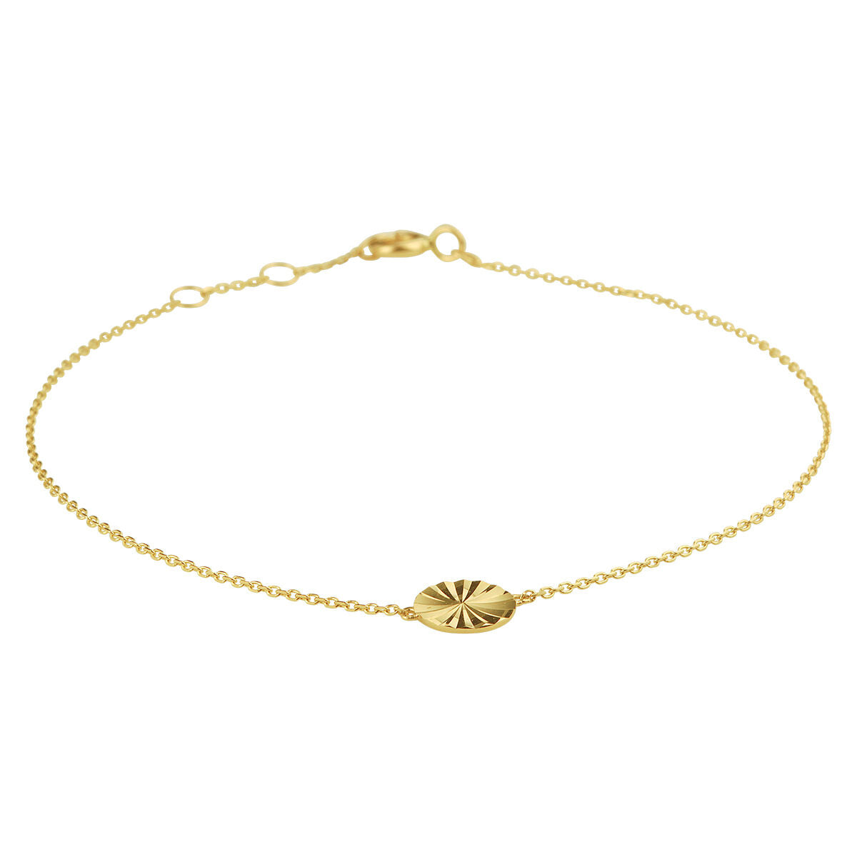 Bracelet en or jaune 14K avec un motif rond et une chaîne délicate.