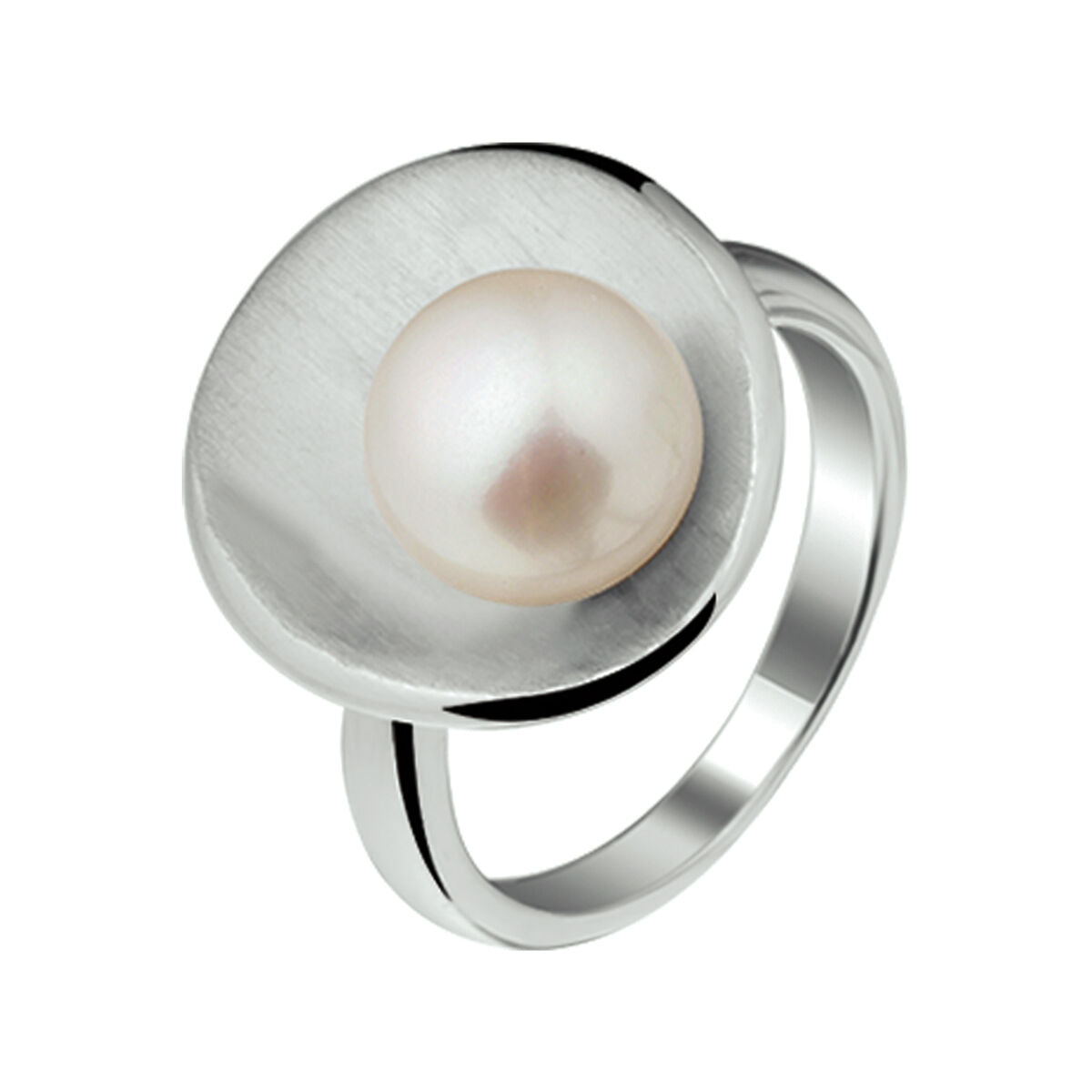 Bague en argent rhodié avec une perle centrale et une finition polie/mate.