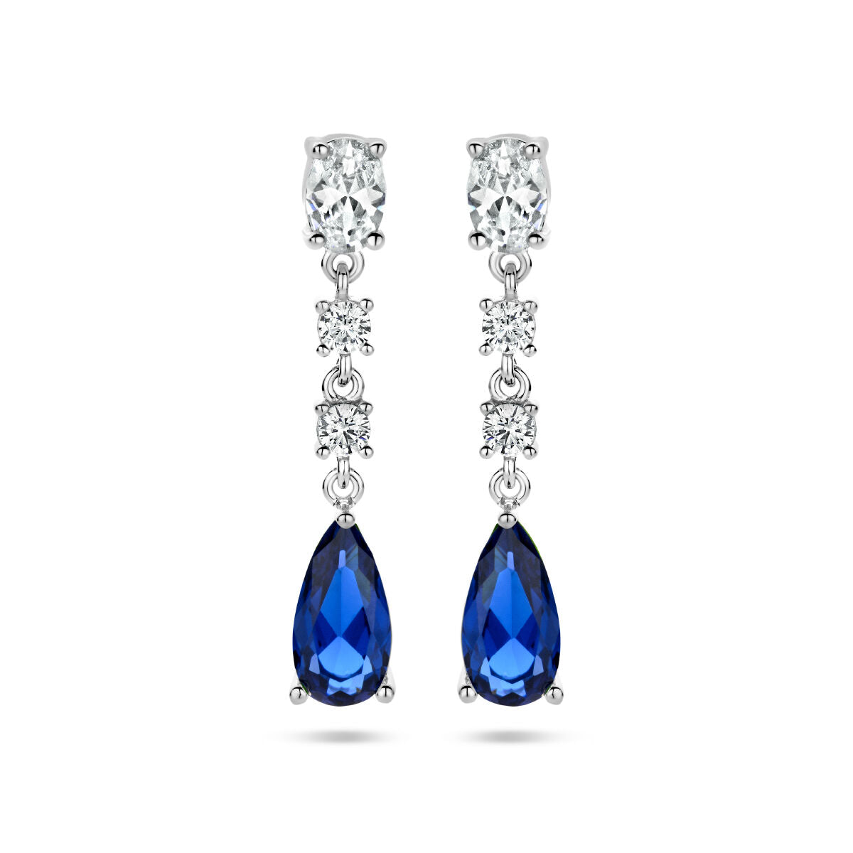 Boucles d'oreilles en argent rhodié avec des zircones en couleur saphir, ornées de pierres brillantes.