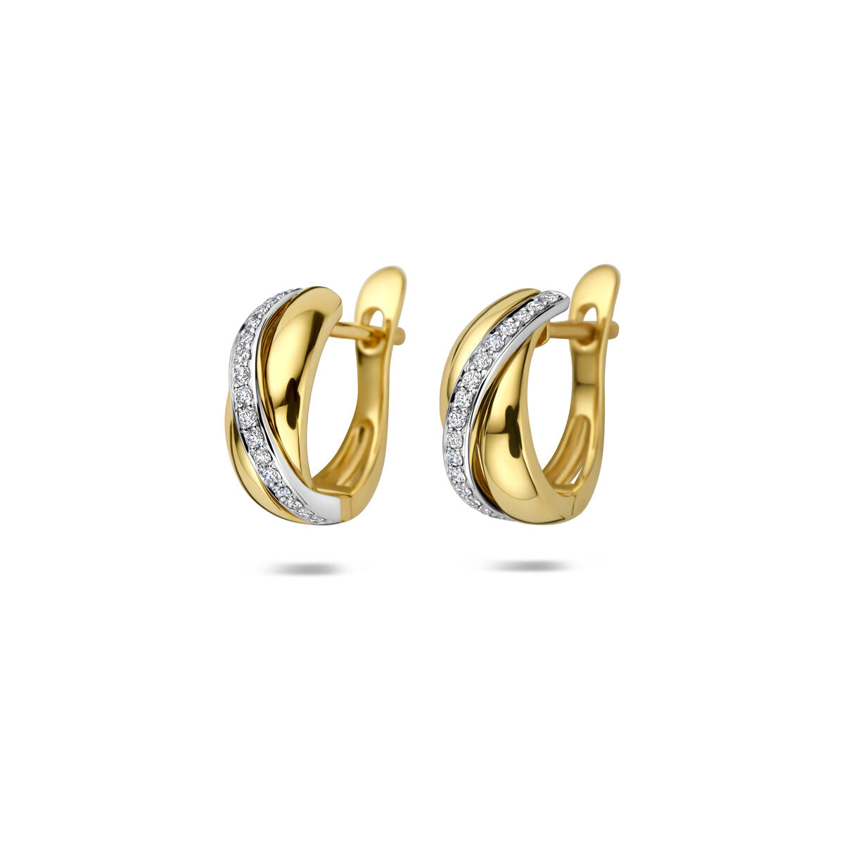 Boucles d'oreilles bicolores en or 14 carats avec diamants, forme ondulée.