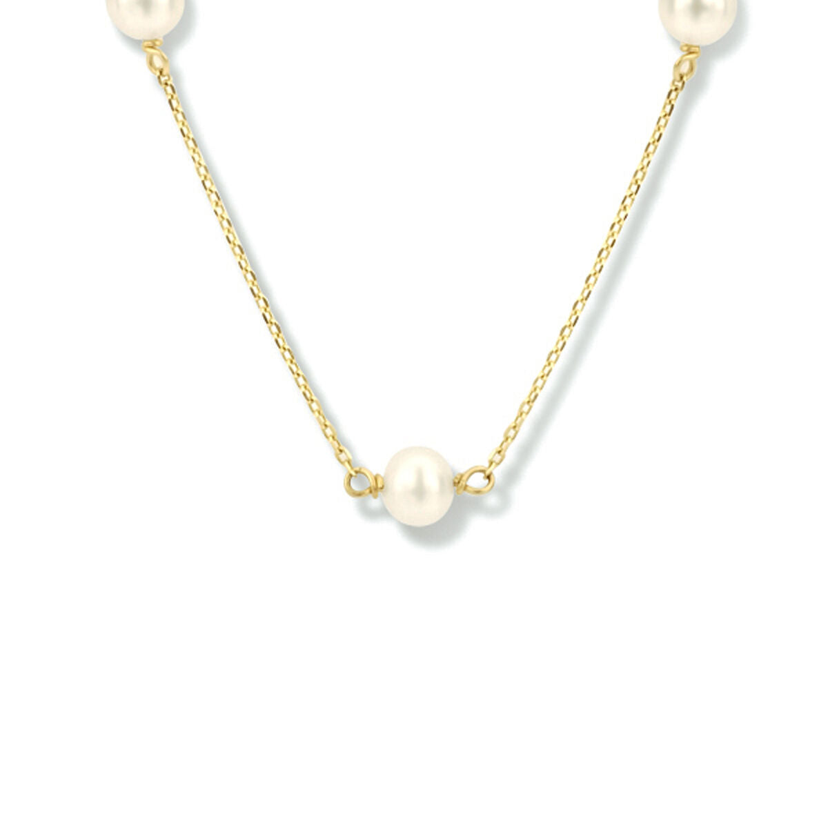 Collier en or jaune 14K avec perles blanches, longueur ajustable de 40 à 44 cm.