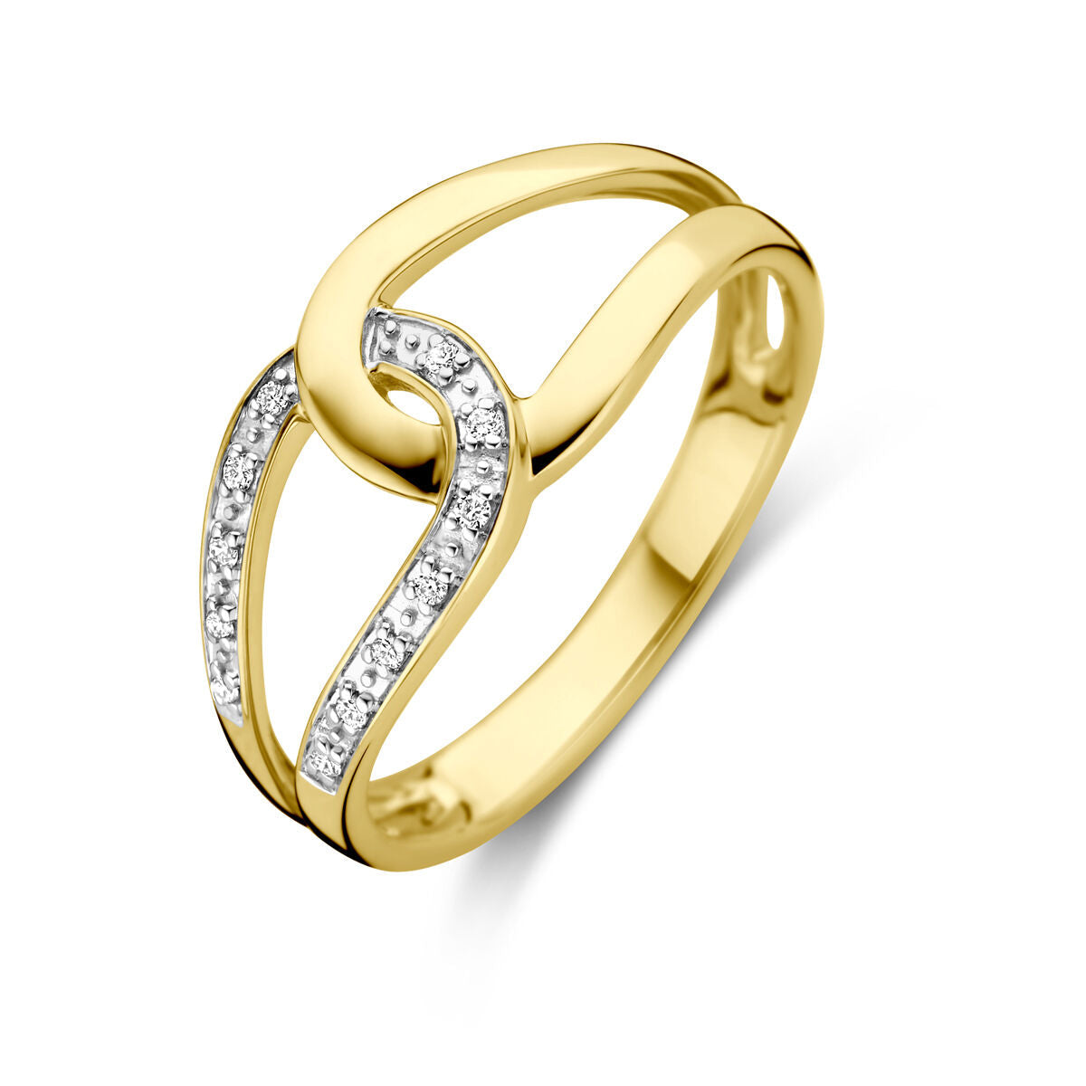 Bague en or jaune 14K avec diamants de 0,03 ct, design en forme de lien.