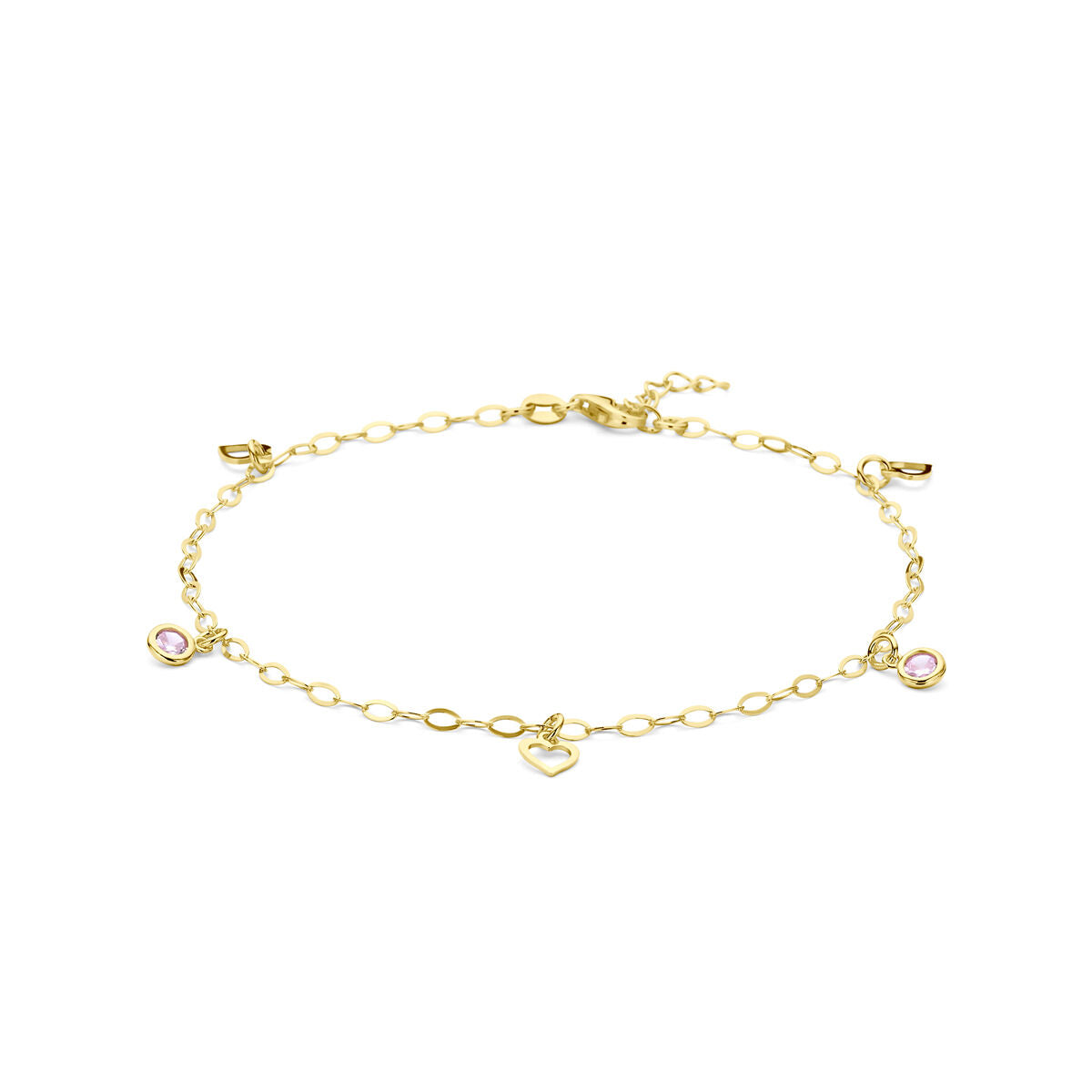 Bracelet jonc en argent doré avec un cœur et des zirconias roses, longueur 24 + 2 cm.