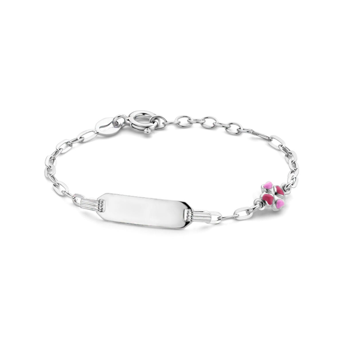 Bracelet en argent rhodié avec plaque gravable de 5,0 mm et motif de trèfle.