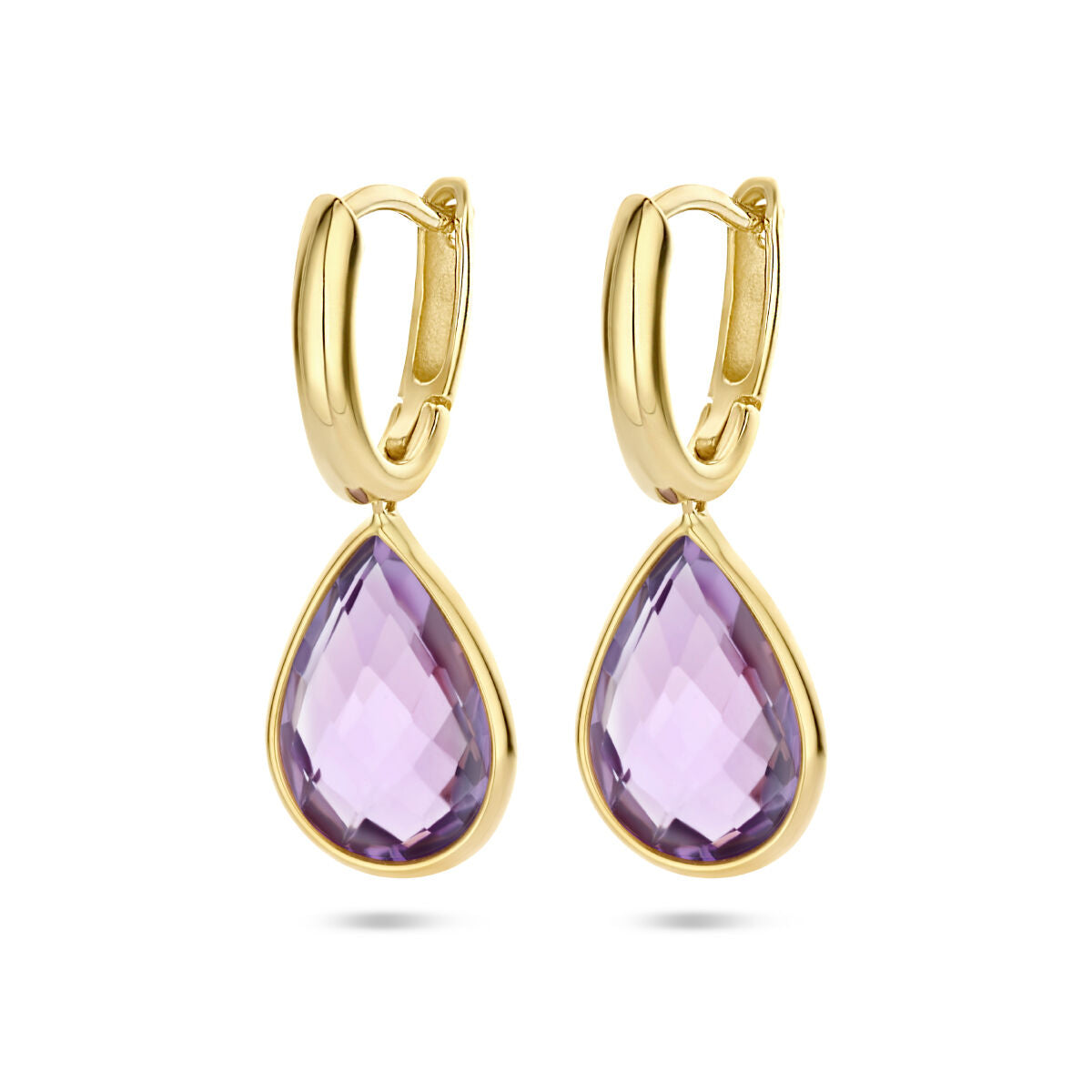 Boucles d'oreilles en or jaune 14K avec pendentifs en améthyste en forme de goutte.