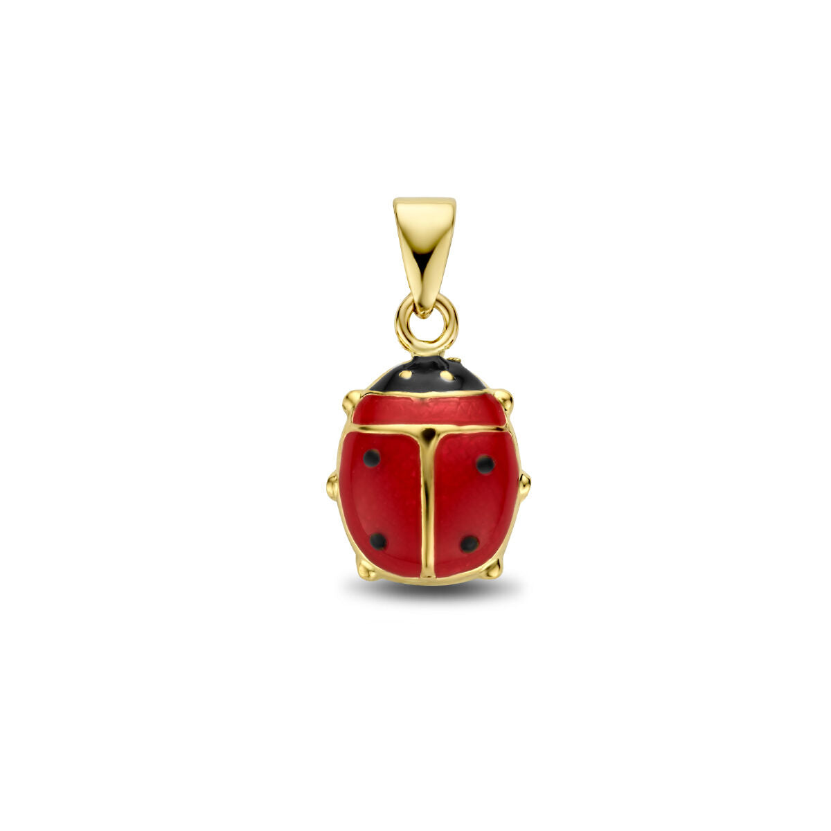 Pendentif en or jaune 14K en forme de coccinelle rouge avec des détails noirs.