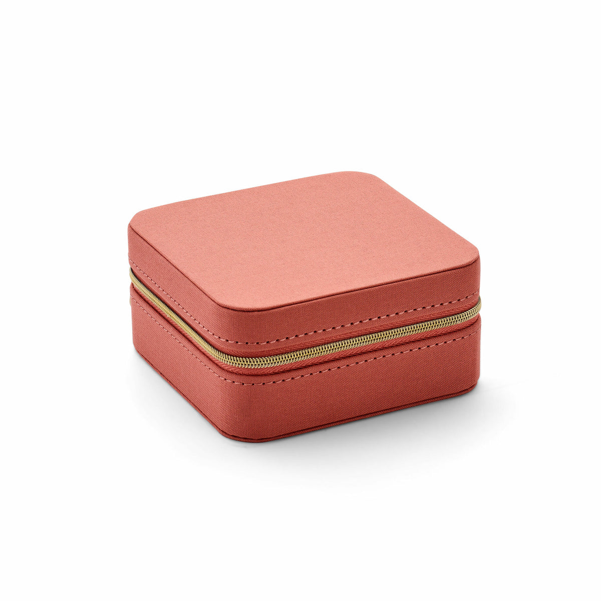 Boîte à bijoux carrée en velours pêche doux avec fermeture zippée dorée.
