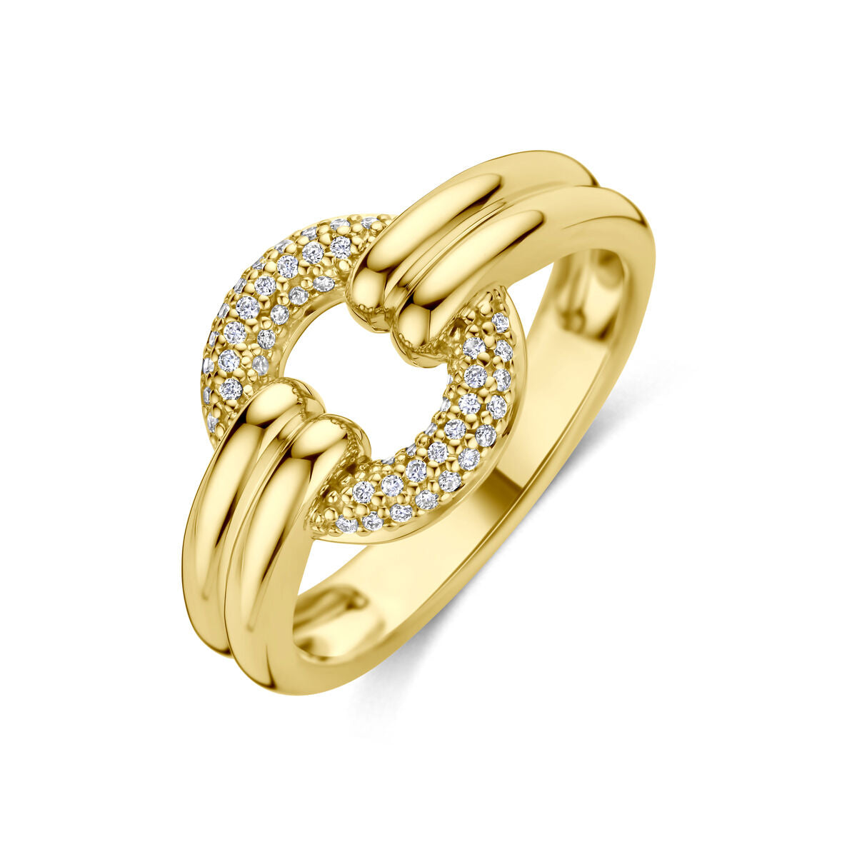 Bague en or jaune 14 carats ornée de diamants, avec un design en cercle.