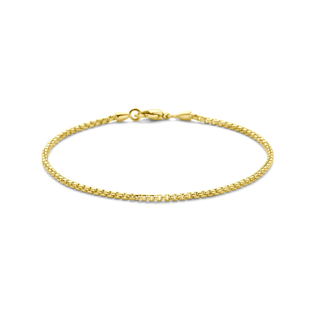 De Gouden armband dames venetiaans bol 14K van Van der Kooij Collectie met een elegante Venetiaanse schakel en karabijnsluiting wordt getoond op een witte achtergrond.