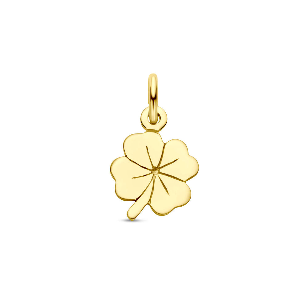 De Van der Kooij Collectie hanger klaver 14K geelgoud is een geelgouden klaver bedel met een klein lusje om aan sieraden te bevestigen, afgebeeld op een effen witte ondergrond.