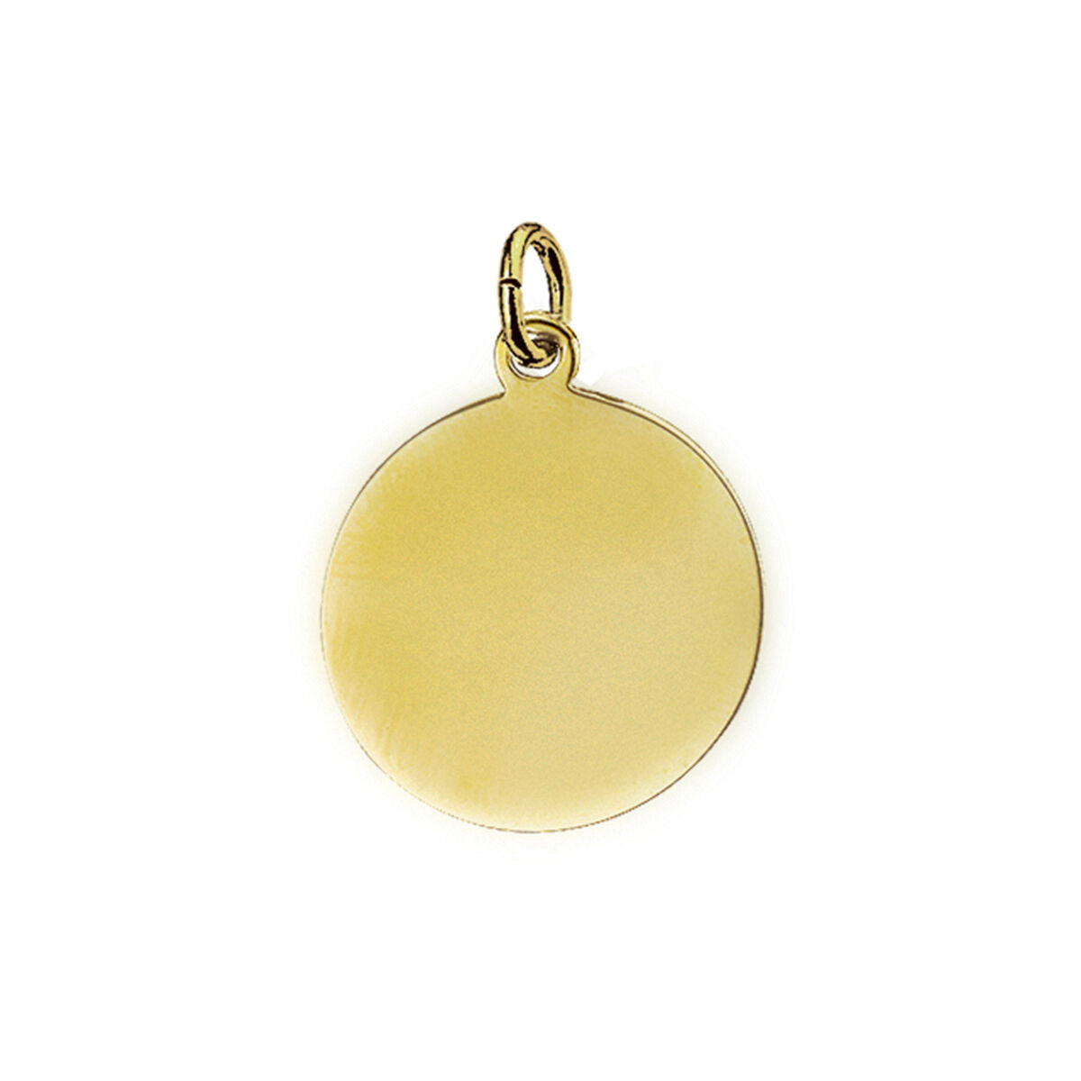 Pendentif rond en or jaune 14 carats, surface lisse et brillante.
