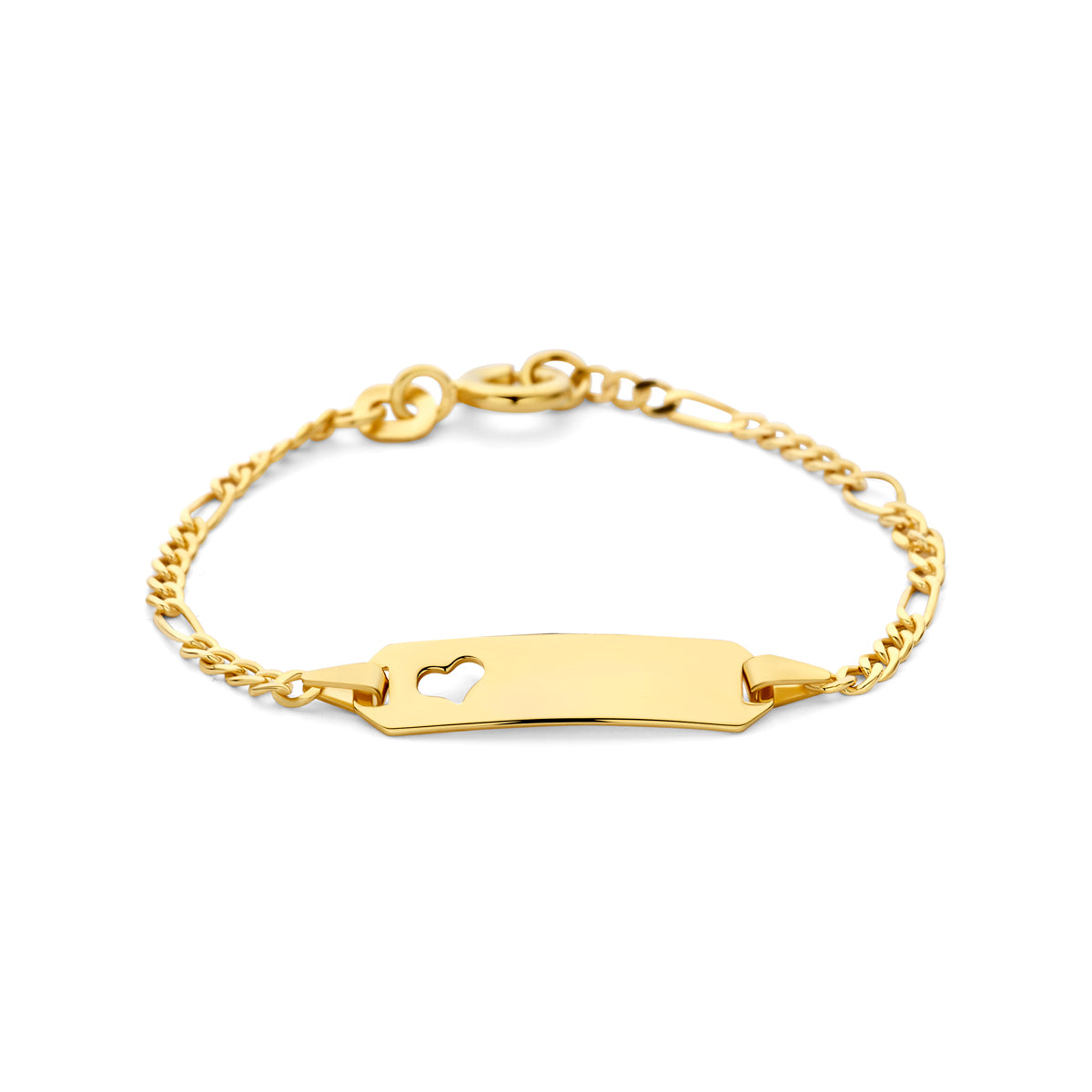 Bracelet en or jaune 14K avec plaque gravable en forme de cœur et maillons figaro.