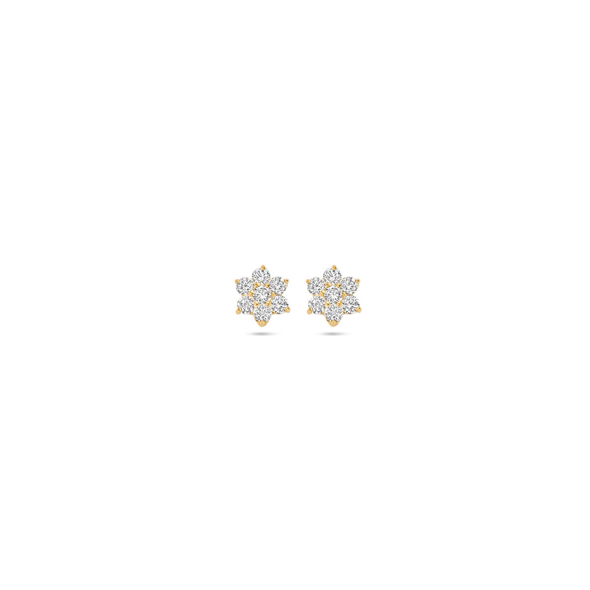 Boucles d'oreilles rosettes en or jaune 14K avec des pierres scintillantes.