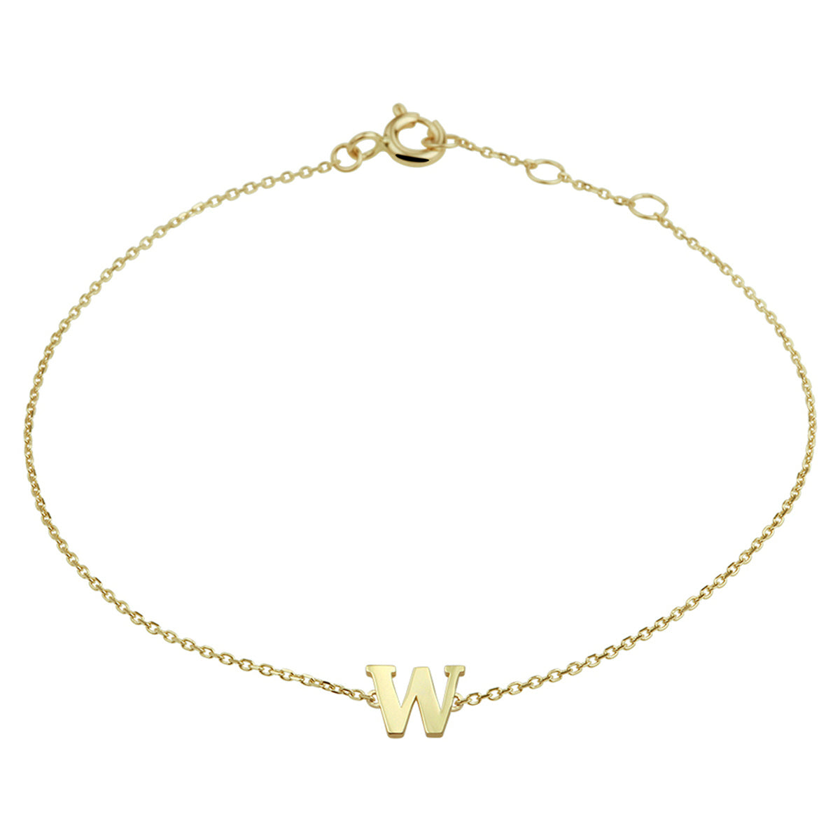 Bracelet en or jaune 14K avec une lettre "W" en pendentif, longueur ajustable de 16,5 à 18,5 cm.