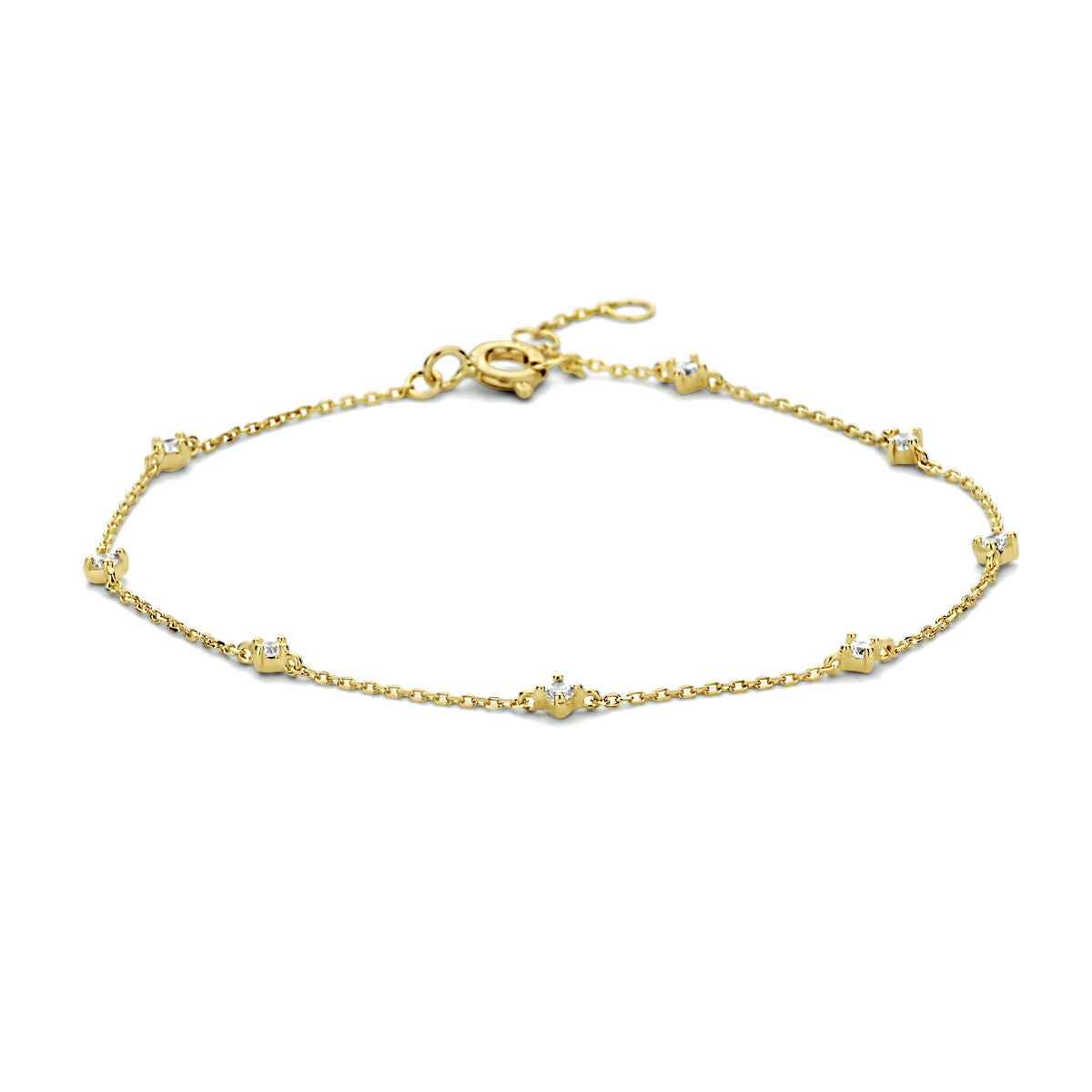 Bracelet en or jaune 14K avec zirconia, longueur ajustable de 16,5 à 18,5 cm.