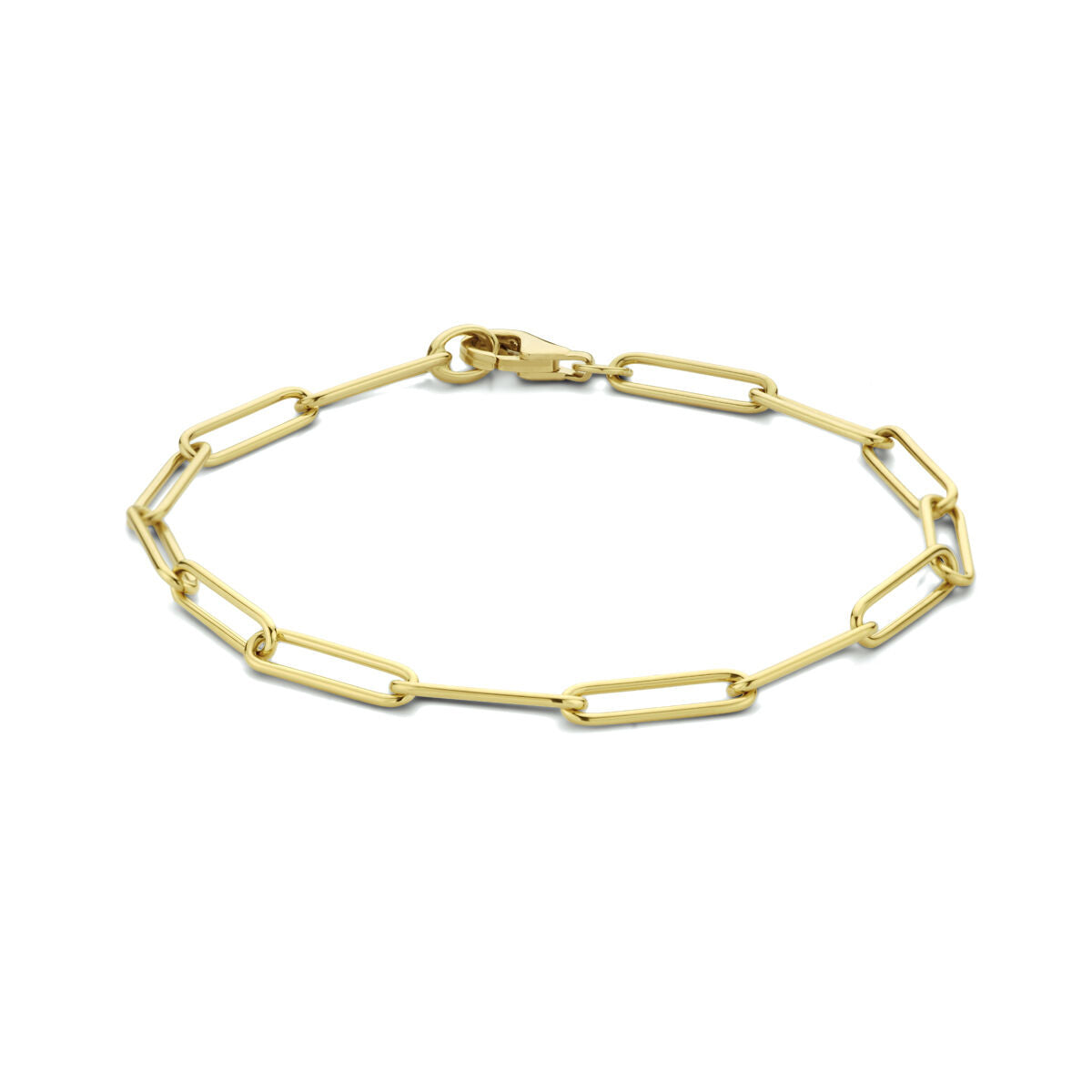 Bracelet en or jaune 14K avec maillons en forme de paperclip, épaisseur de 3,9 mm et longueur de 19 cm.
