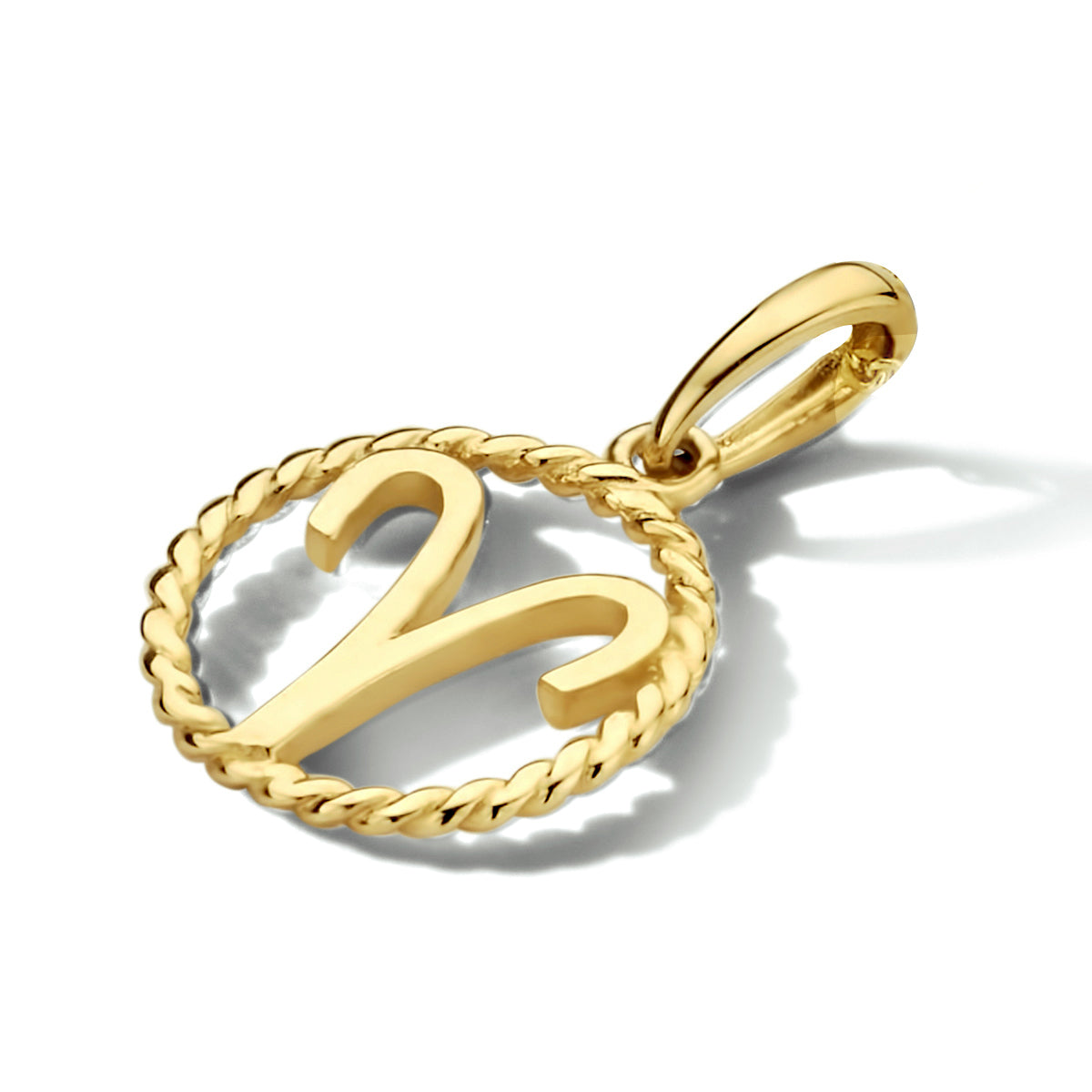 pendentif en or jaune 14K avec symbole du zodiaque, entouré d'un anneau torsadé.