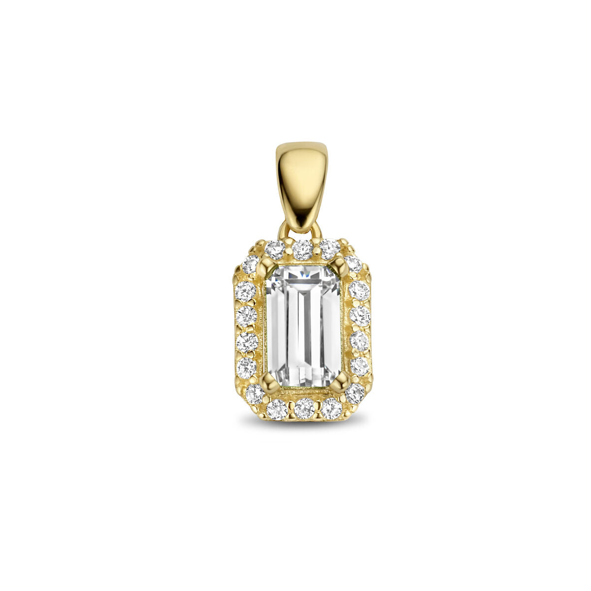 pendentif en or jaune 14K avec zircones en halo et pierre centrale rectangulaire.