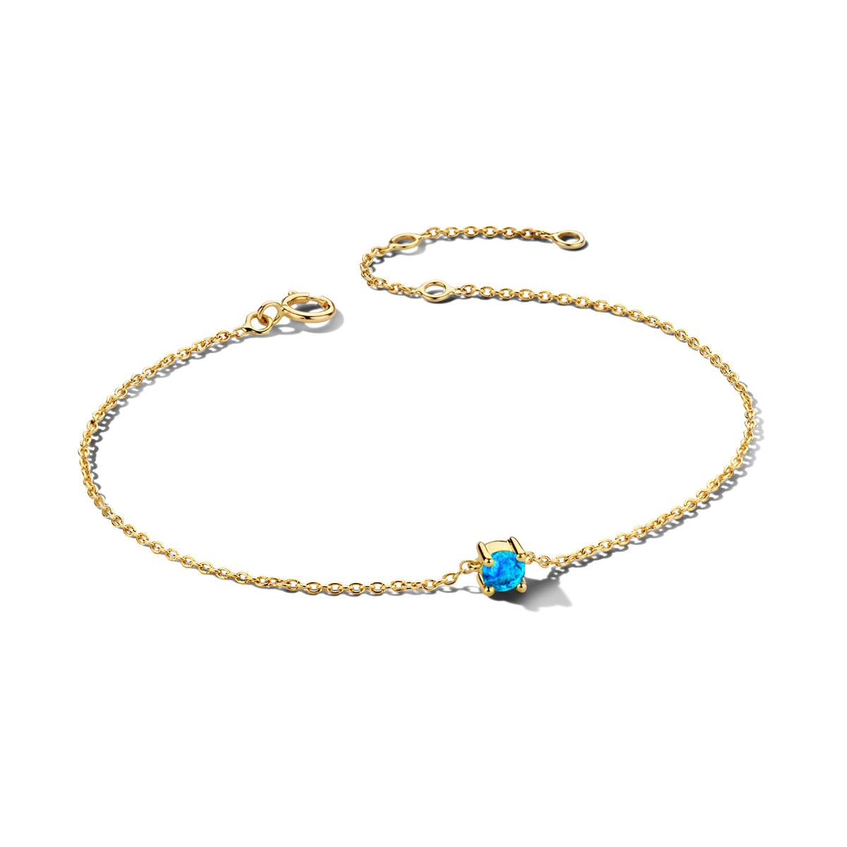 Bracelet en or jaune 14K avec une pierre de naissance bleue, ajustable de 15,5 à 18,5 cm.