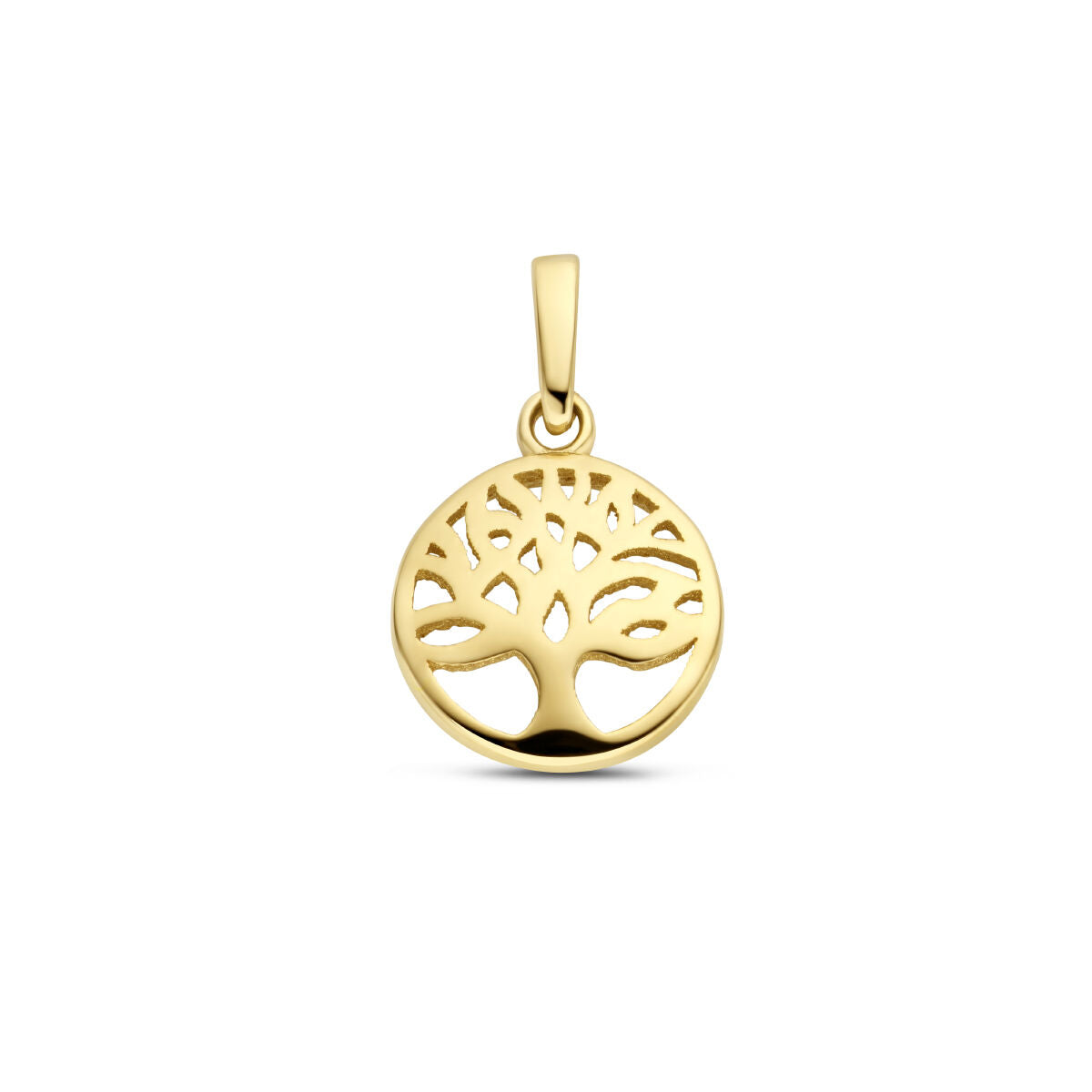 pendentif arbre de vie en or jaune 14K, forme ronde avec des détails ajourés.