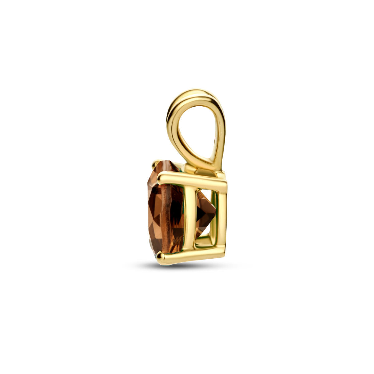 De Van der Kooij Collectie hanger rookkwarts 14K geelgoud is een dameshanger met een ovaal gefacetteerde rookkwarts in een vierpoots zetting en lus, getoond tegen een witte achtergrond.