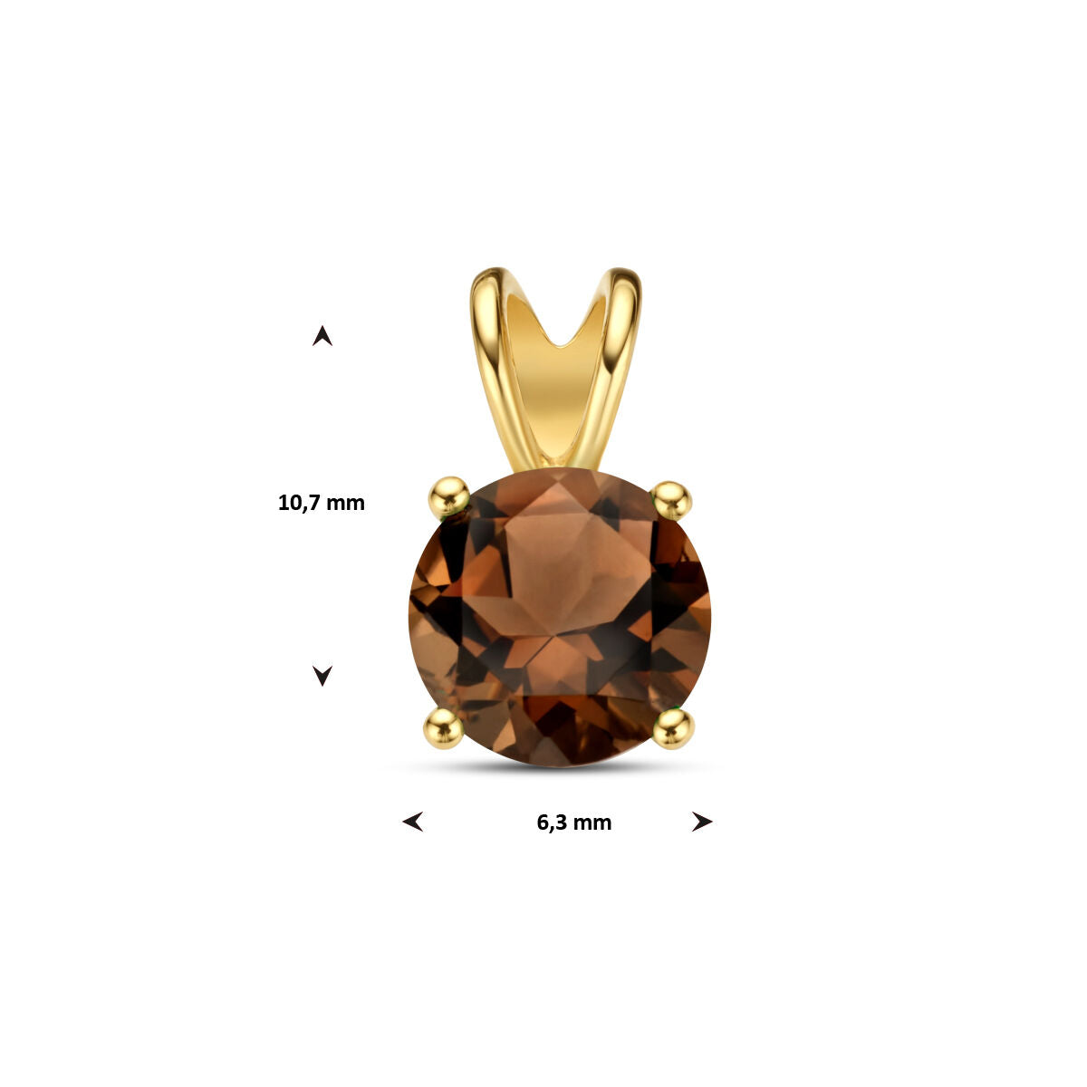 Van der Kooij Collectie hanger rookkwarts 14K geelgoud voor dames, met ronde rookkwarts in vierpoot zetting, afmetingen: 10,7 mm hoog en 6,3 mm breed.