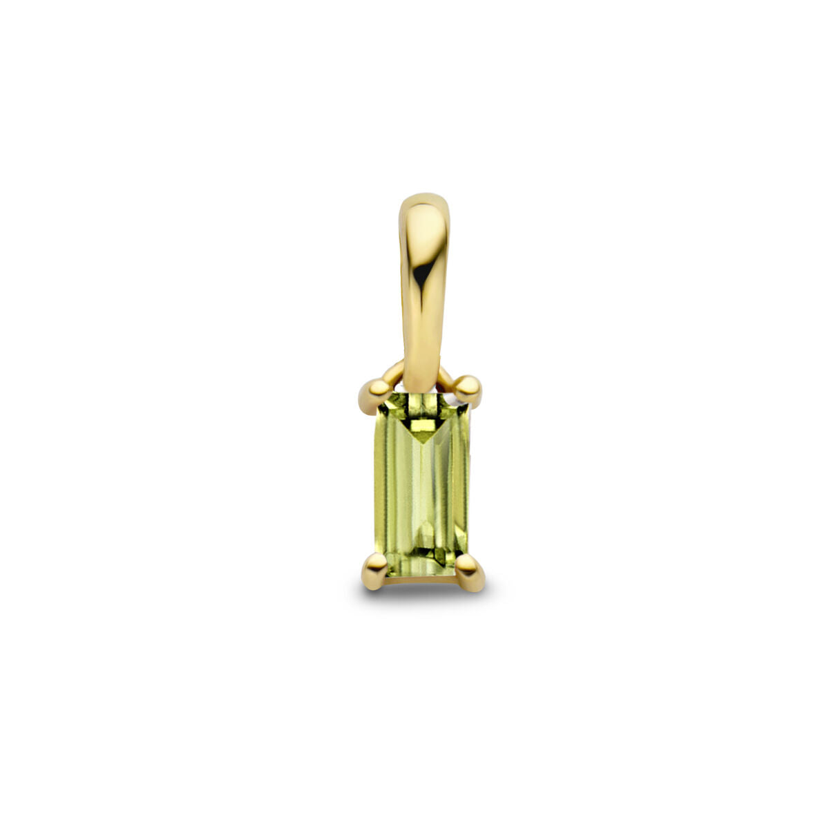 pendentif en or jaune 14K avec une pierre de naissance rectangulaire verte.