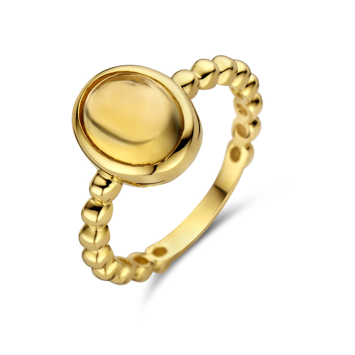 Bague en or jaune 14K avec un cabochon de citrine et un anneau texturé.