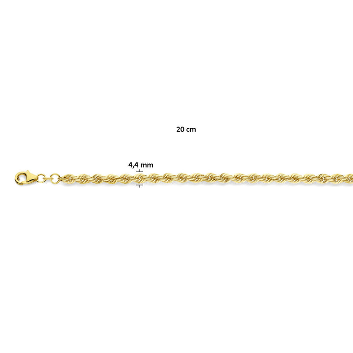 De Van der Kooij Collectie koord 4,4 mm 14K geelgoud unisex armband, 20 cm lang, wordt in een rechte lijn getoond met een karabijn sluiting links.
