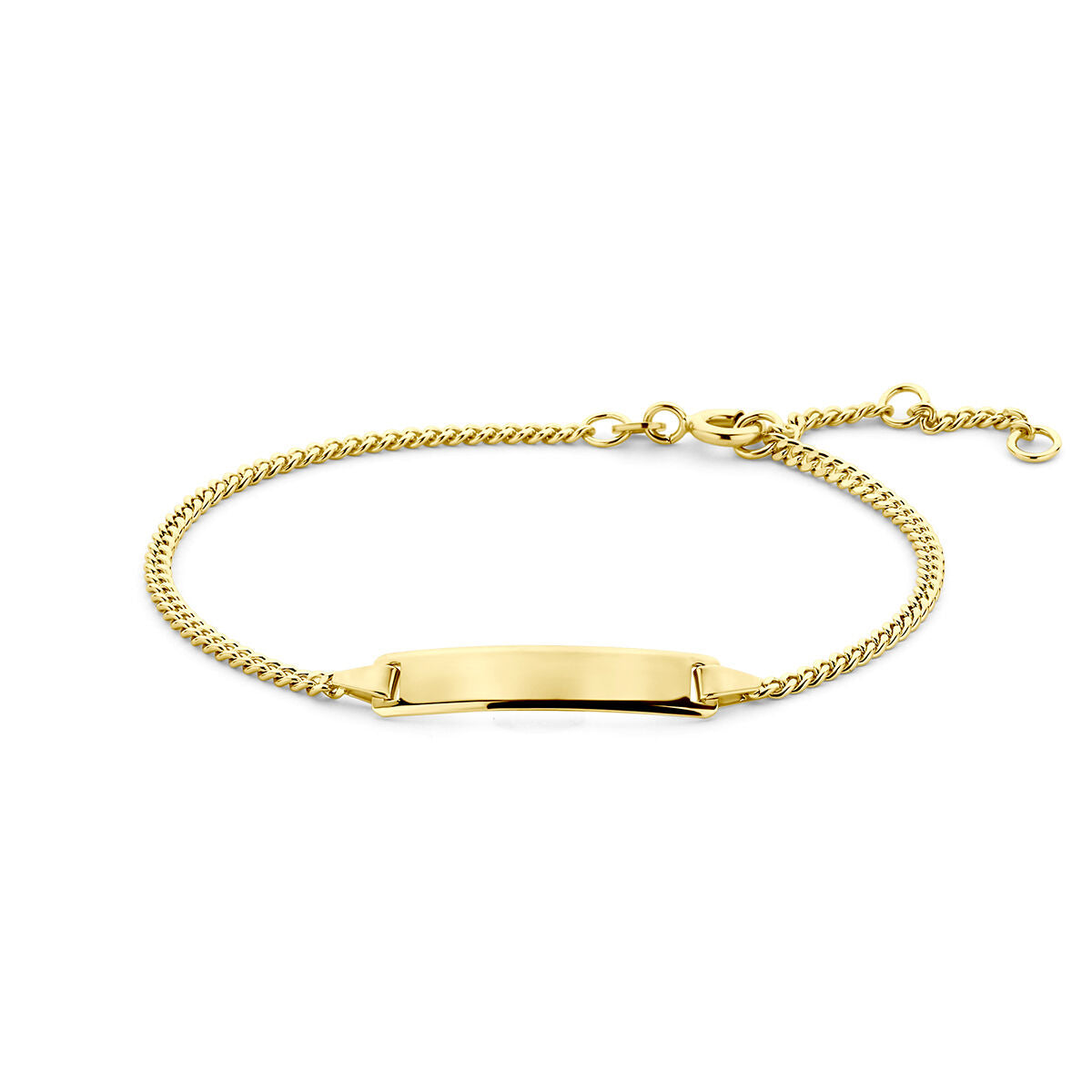 Bracelet gourmette en or jaune 14K avec plaque gravable, maillons entrelacés et chaîne ajustable.