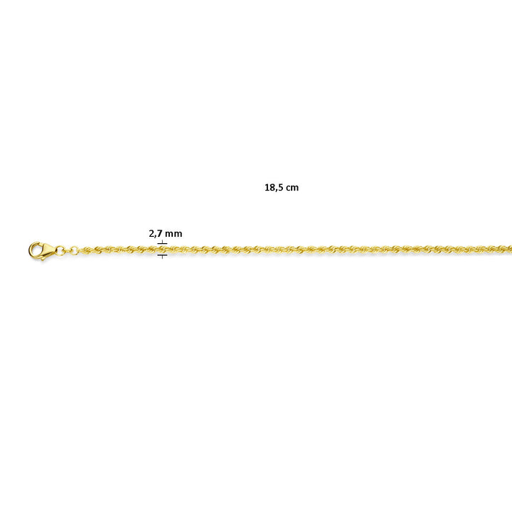 Het Van der Kooij Collectie koord 2,7 mm massief 14K geelgoud unisex armband, 18,5 cm lang met karabijnsluiting schakels, is bijvoorbeeld een rechte schakelketting.