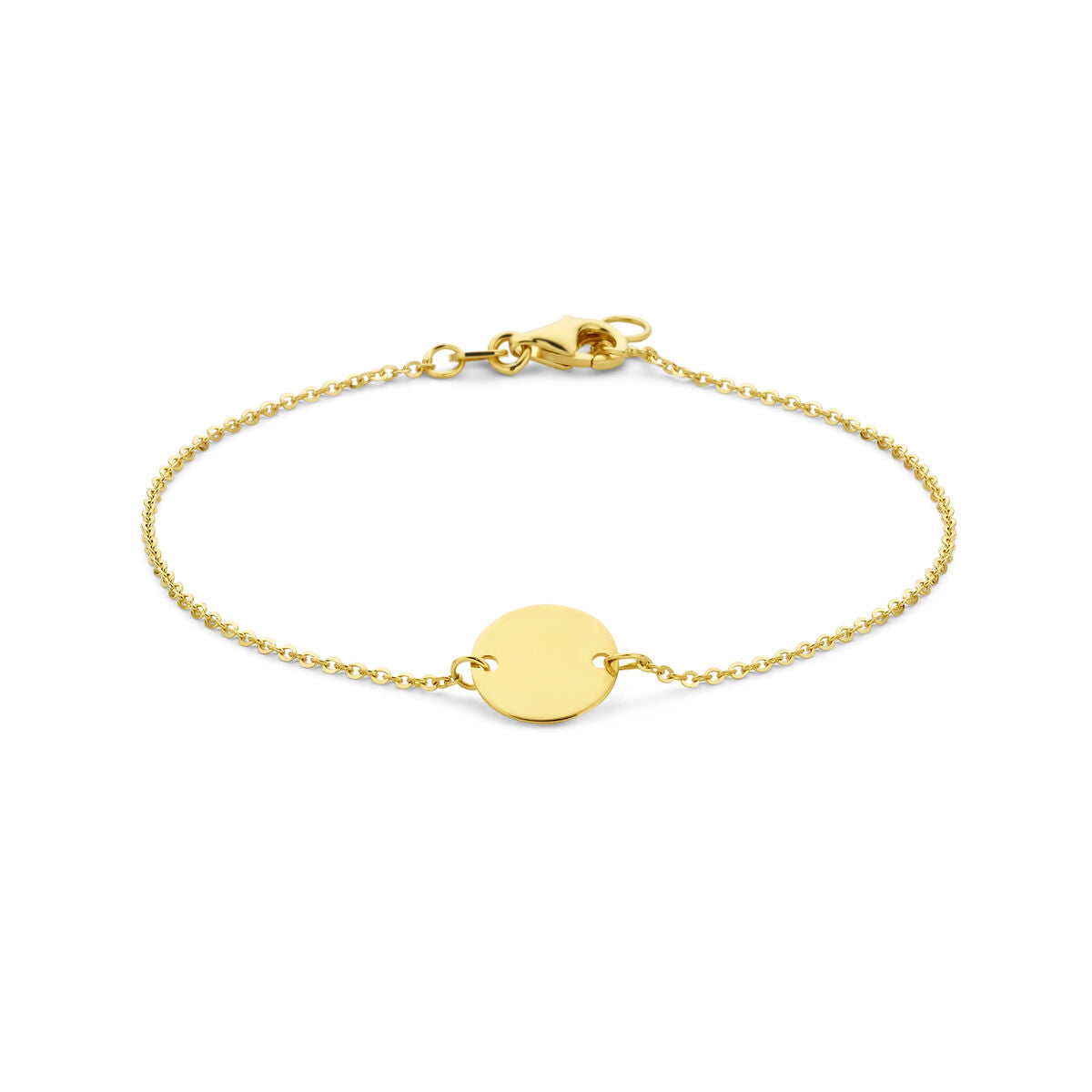 Bracelet en or jaune 14K avec un cercle central, longueur de 17 à 18,5 cm.