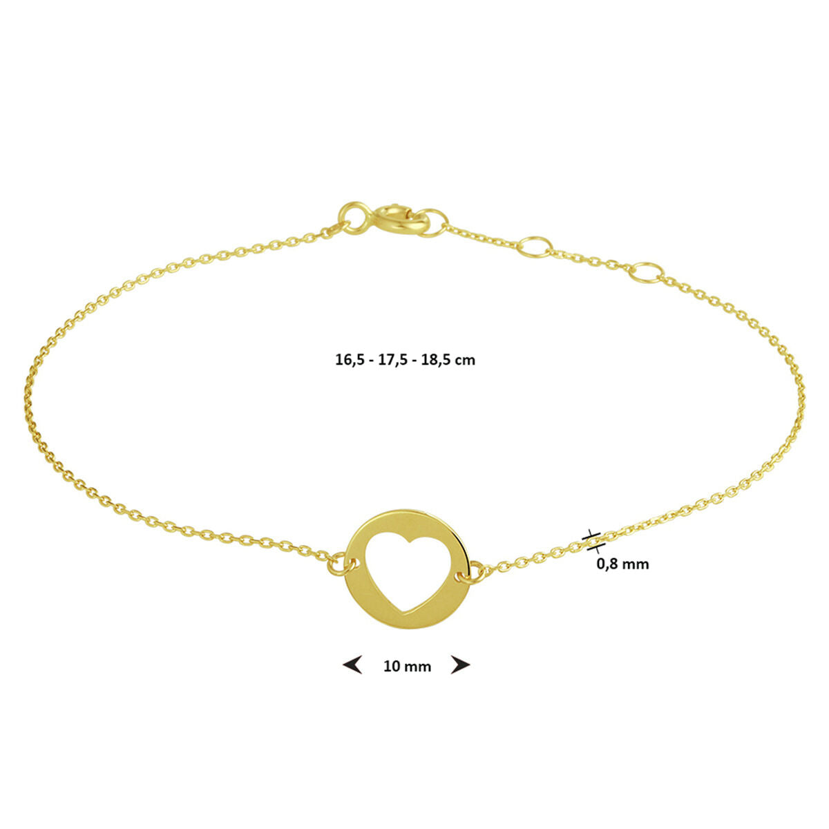 bracelet cœur 16,5 - 17,5 - 18,5 cm or jaune 14K