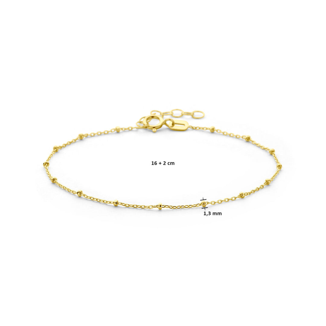 De Van der Kooij Collectie armband bolletjes is een delicate 14K geelgouden armband met bolletjes, een dunne ketting van 1,3 mm dik en een verstelbare lengte van 16 + 3 cm met extra schakels en karabijnsluiting.