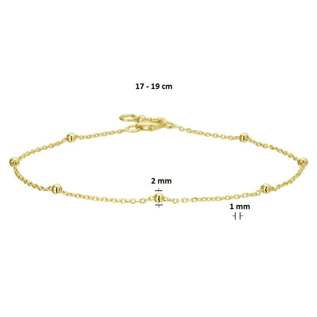bracelet ancre billes 1,0 mm 17 - 19 cm or jaune 14K